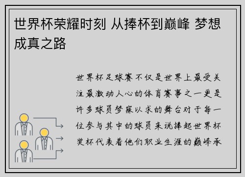 世界杯荣耀时刻 从捧杯到巅峰 梦想成真之路